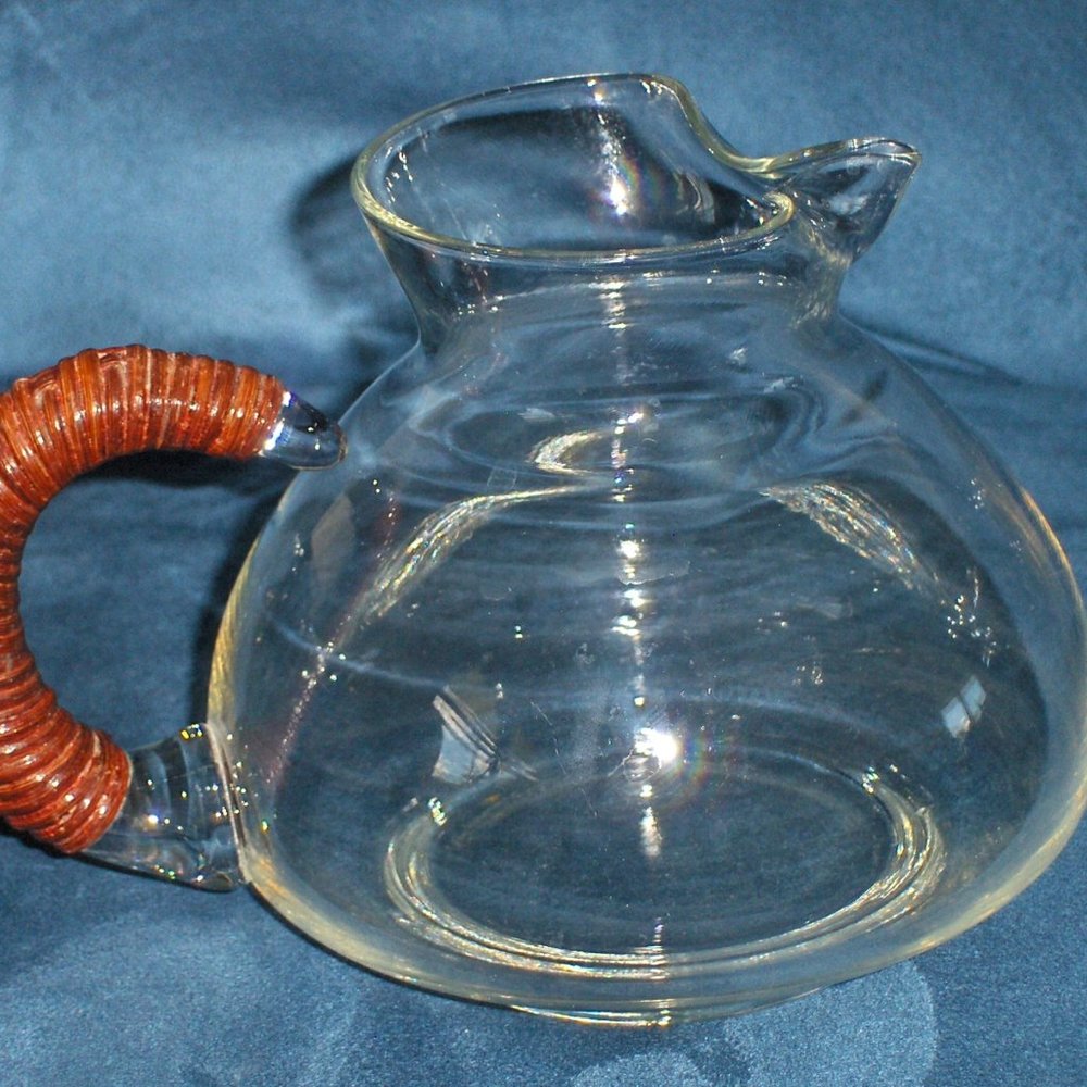 Vintage Clear Pitcher Wicker Handle Mid Century Modern Handmade Blown Glass